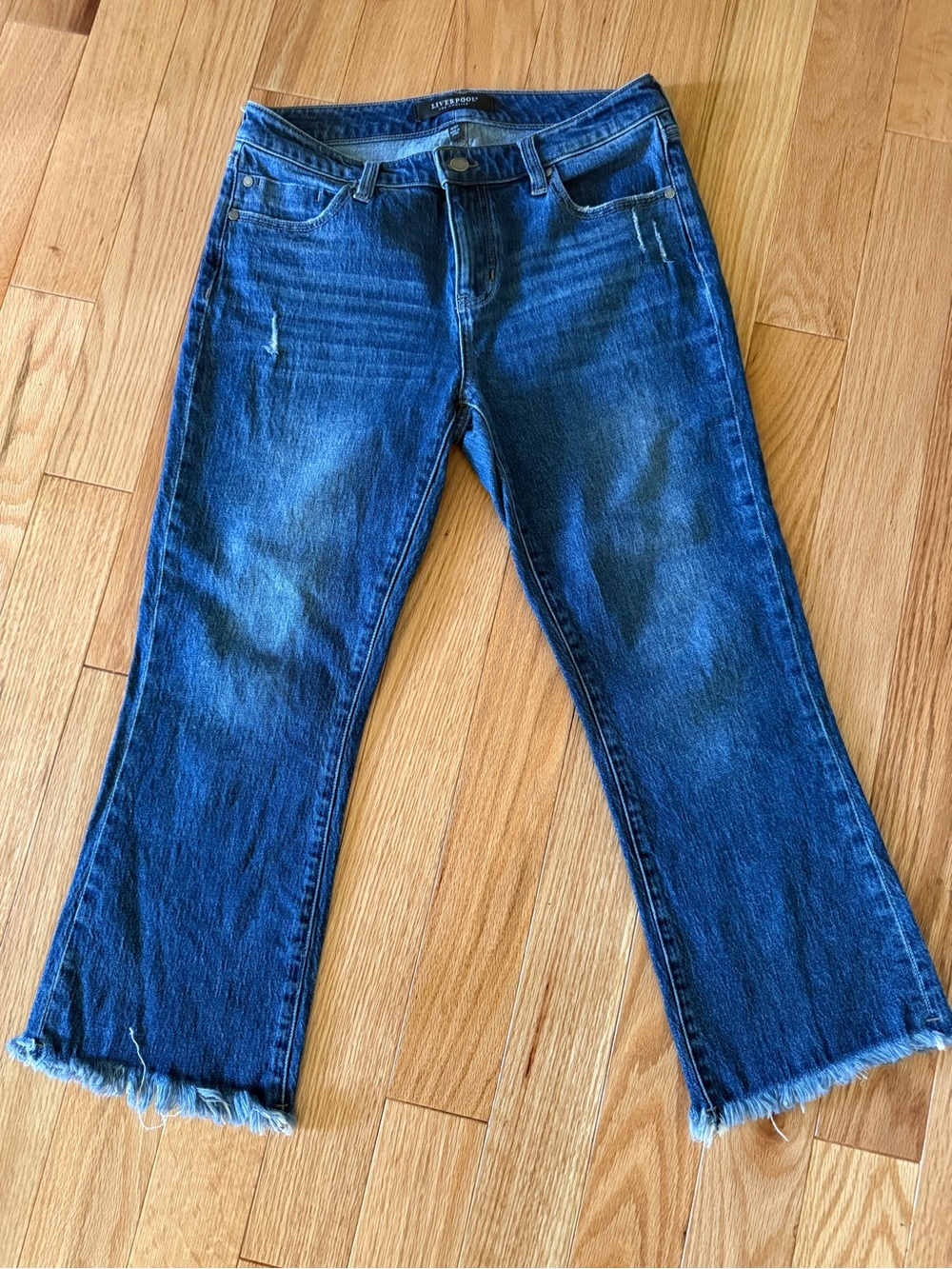 Liverpool Dark Blue Crop Flare Jeans with Frayed Hem